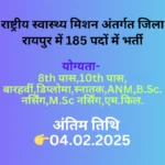 राष्ट्रीय स्वास्थ्य मिशन अंतर्गत जिला रायपुर में 185 पदों में भर्ती