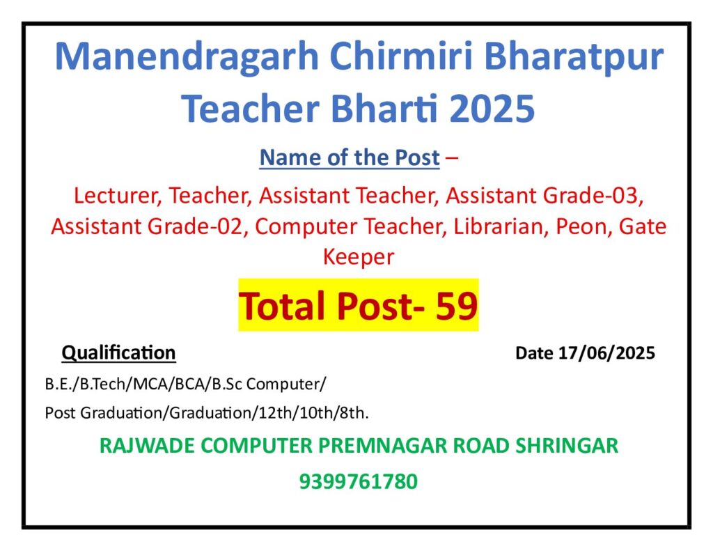 Manendragarh Chirmiri Bharatpur Teacher Bharti 2025