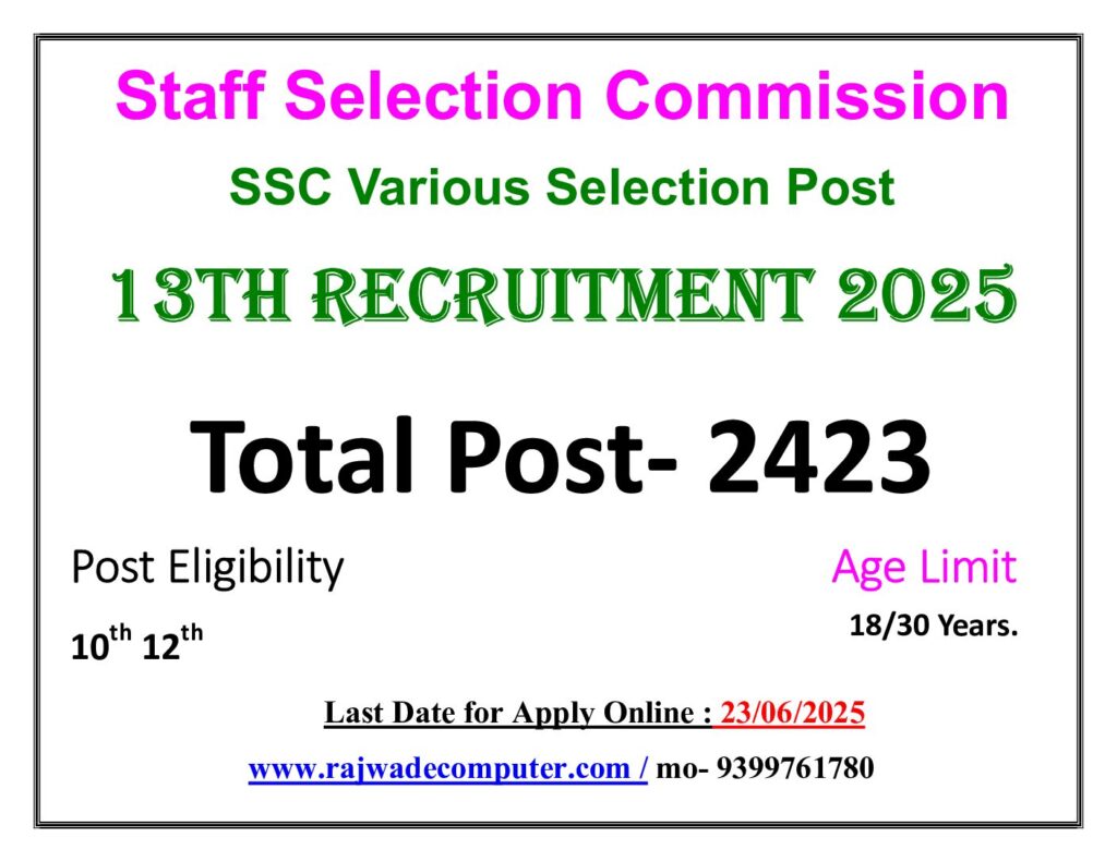 SSC Selection Post XIII Recruitment 2025 Full Details Amazing